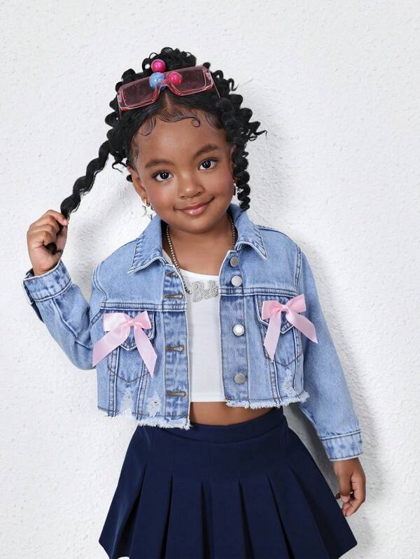 SHEIN Young Girl Cute And Sweet Pink Bow Blue Loose Short Denim Jacket,Spring And Summer Casual Vacation Country Boho Wear