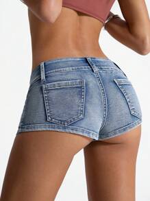 Jeanoix شورت جينز نسائي ذو خصر منخفض جدا وكشكشة - أزرق داكن - مشاهدة 3