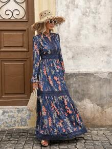 SHEIN VCAY Lace Splice Long Sleeve Cinched Waist Botanical Print Maxi Vacation Dress For Women, Vacation Outfits Women