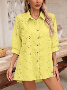 EMERY ROSE Women's Casual Vacation Style Solid Color Schiffy Loose Drop Shoulder Shirt, Spring/Summer - Yellow - View 4