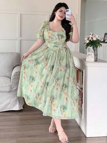 Dazy Plus 花朵泡泡袖高腰中长连衣裙，春夏度假风格 - 綠色 - 查看 9