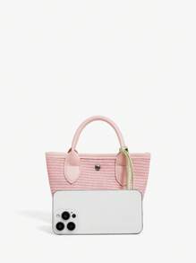 SHEIN BAE Geantă de mână cu mâner pentru lucru, tip patchwork, țesut la modă, cu blocuri de culori, model floral, agățat, pentru lucru zilnic