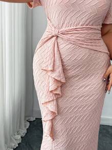 Elenzga Plus Size Women Jacquard Asymmetric Collar Short Sleeve Ruffle Trim Elegant Dress