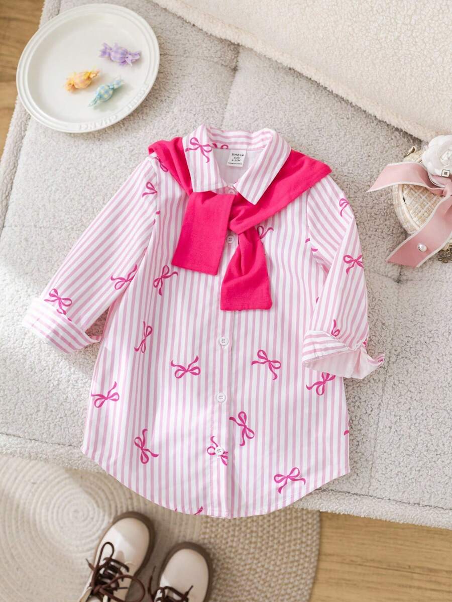 SHEIN Babygirl 休闲粉色和白色条纹蝴蝶结领口披肩连衣裙 - 粉色 - 查看 1