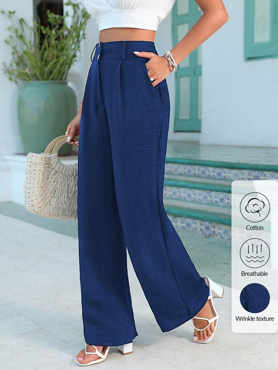 SHEIN Cottnline High Waist Dual Pocket Double Button Straight Leg Suit Pants - Navy Blue - View 1