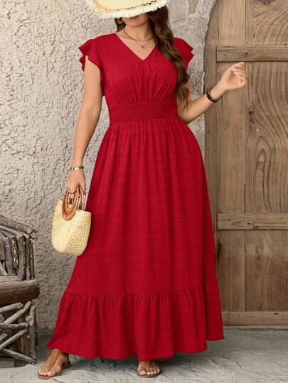 SHEIN LUNE Vestido largo de tela texturizada con dobladillo fluido para mujer de talla grande, vestido de verano para graduación, 4 de julio, vestido maxi blanco para graduación, vestido maxi rojo con volantes, vestido casual para mujer, vestido casual rojo con volantes, vestido de vacaciones, ropa occidental para mujer, ropa urbana vintage para mujer, vestido maxi casual rojo con volantes, vestido maxi de verano, vestido de vacaciones rojo, atuendos festivos para mujer