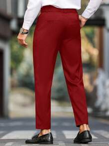 Manfinity Mode 男士纯色腰扣设计口袋休闲西装裤 - 酒紅色 - 查看 4