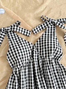 Tween Girls Casual Fashion Woven Gingham V-Neck Sleeveless Bow Patchwork Waist A-Line Dress, Back To School, Graduation Party, Summer Holiday - Black - View 5