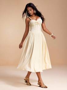 VALERIA GALIPOLI Seersucker Fabric Beaded Strpas Ruching Puss Madi Dress Women Summer Party Elegant Going Out Cream Dresses For Women Midi Dress Tea Length Dress Corset Dress Ankle Length Dress - Yellow - View 6