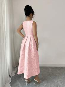 Rafferiza Women's Elegant Minimalist Blue Jacquard Square Neck Spaghetti Strap Dress, Summer - Pink - View 2
