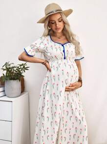 SHEIN 孕妇度假甜心领口短款泡泡袖清新碎花连衣裙 - 白色 - 查看 4