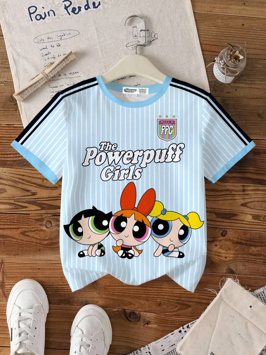 THE POWERPUFF GIRLS X SHEIN Tween Girl Casual Athleisure Contrast Striped Cartoon & Letter Graphic Short Sleeve T-Shirt, Summer - White - View 1