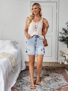 EMERY ROSE Women's Floral Embroidery Pocket Loose Casual Denim Shorts - Blue - View 5