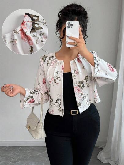 Elenzga Plus Size Elegant Floral Print Jacket For Summer Winter Fall Autumn