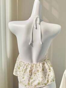 Elamini Áo hai dây buộc dây phía trước, cổ yếm, hở lưng, họa tiết hoa hồng màu hồng, thêu ren, kiểu dáng gợi cảm, thích hợp cho mùa xuân/hè. - Nhiều màu - Xem 2