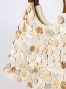 MUSERA 1pc Women's Fashion Elegant Simple Shell & Wood Handbag With Wrist Strap - Beige - View 5