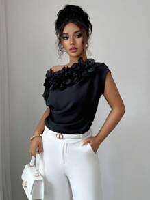 Elenzga بلوزة مزينة بزهور ثلاثية الأبعاد بياقة متكافئة غير متماثلة ، أنيقة وذات لون أحادي ، صيفية