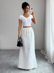 Elenzga Women's Elegant Jacquard Fabric Waist Tie Front Knot Skirt, Stylish Design For Back To School, Teacher's Day, Thanksgiving, Street Style - White - View 4