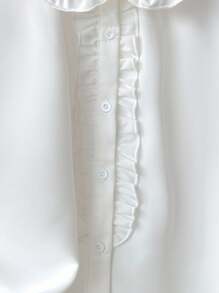 SHEIN 青少年女孩宽松休闲优雅荷叶边泡泡袖纽扣衬衫，舒适日常和学校穿着，长袖上衣白色荷叶边白色衬衫 - 白色 - 查看 8