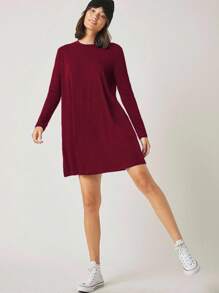 EURMUSE Women Solid Color Round Neck Long Sleeve Casual Loose Short Dress - Burgundy - View 5