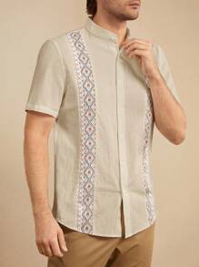 HIMLAND Men's Holiday Casual Printed Patchwork Stand Collar Short Sleeve Shirt