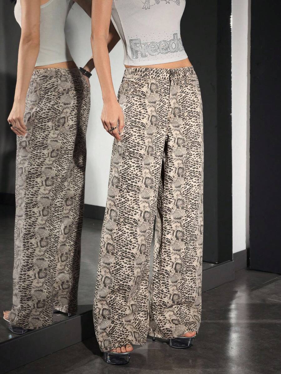 SHEIN EZwear 女式蛇皮纹阔腿宽松休闲牛仔裤 - 彩色 - 查看 1