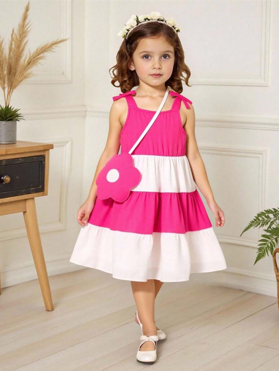 SHEIN 年轻女孩拼色可爱夏季细肩带蛋糕连衣裙 - 彩色 - 查看 1