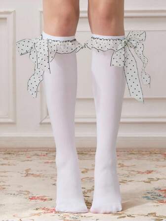 Kawaii Elegant Minimalist White Classic Polka Dot Lace Bow Women's Solid Color Over-The-Knee Socks, Everyday Matching Knee-High Socks