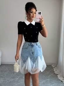 Selianne Women's Elegant Elegant Faux Pearl And Crystal Decorated Sheer Mesh Panel Godet Hem Denim Mini Skirt, Summer - Blue - View 3