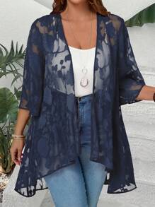 EMERY ROSE Plus Size Women Floral Jacquard Netted 3/4 Sleeve Open Front Jacket Cardigan - Navy Blue - View 4
