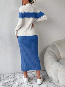 SHEIN Cottnline 2件套女士休闲宽松长袖毛衣上衣和裙子套装 - 藍色 - 查看 2