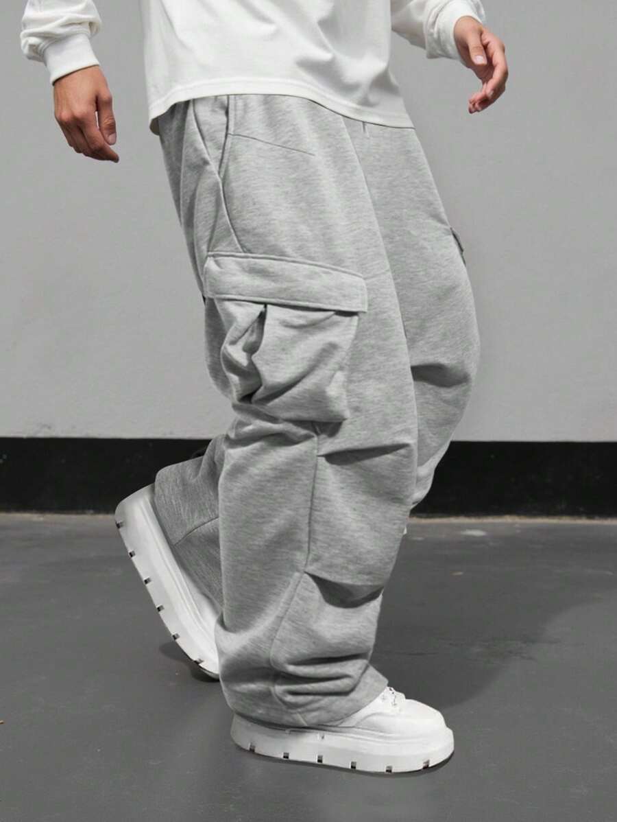 Claim Dot Men's Street-Style, Loose Fit Wide-Leg Baggy Sweatpants, Elastic Waist, Functional Pockets, Utilitarian Elements, Practical & Fashionable, Suitable For Streetwear, Sports, Outdoor Activities, Gym, Casual Daily Wear, Holidays, Unisex - Light Grey - View 1