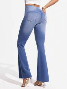 SHEIN Unity Women High Waisted Pocket Flare Casual Versatile Denim Jeans - Light Wash - View 2