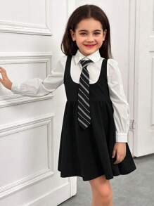 Kleine Mädchen Lässig Farbblock Kragen Patchwork tailliertes Kleid mit ausgestelltem Rockteil und Langarm