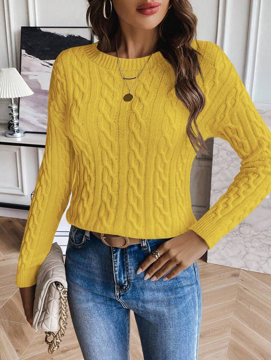 EMERY ROSE Women Drop Shoulder Round Neck Casual Cable Sweater Knit Pullover Fall Winter - Yellow - View 1