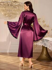 Slumberist Women's Elegant Faux Silk Lace Trim Contrast Cuffs Long Robe, Cozy And Elegant, Fall & Winter - Burgundy - View 2