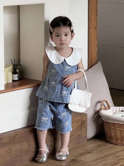 SHEIN 女婴拼色领蝴蝶结花卉印花时尚上衣和短裤套装，夏季