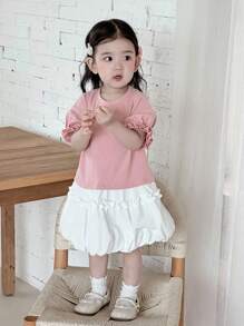 Dazy Kids Kleinkind Mädchen Rundhals Kontrast Farbige Puffärmel Midi Sommer Lässig Kleid