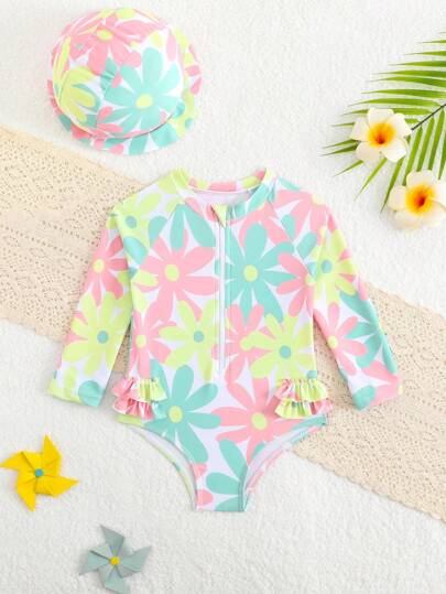 SHEIN GraphicGems 女婴两件套沙滩装套装 - 花卉印花针织面料长袖连体衣和短裤，带帽子，时尚优雅，适合游泳、度假、夏季