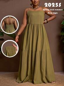 Veslaya 2025 Plus Size New Arrival Summer Green Solid Color Comfortable Stretchy Sleeveless Loose A-Line Dress - Army Green - View 3