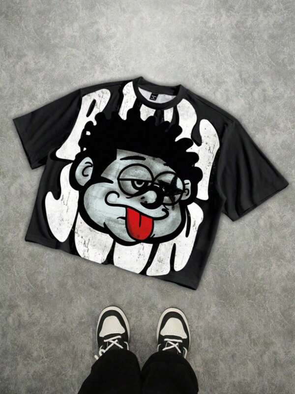 SHEIN Teen Boys Classic Casual Cool Graphic T-Shirt With Tongue Out Star Glasses, Kid Print And "RICH SOON" Text Design, Round Neck Short Sleeve, Suitable For Summer Cartoon Graphic Tee Kids Graphic Tees Boys Graphic Tees Cropped Graphic Tee Y2k Shirt Kids