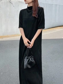 FRIFUL Women's Mock Neck Solid Color Textured Fabric Straight 3/4 Sleeve Slimming Long Dress - Black - View 4