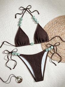 Swim Chiccia 2PCS Set Solid Color Halter Backless Triangle Bikini With Tied Pants, Stylish & Sexy Swimwear Set For Summer Beach Vacation - Coffee Brown - View 2