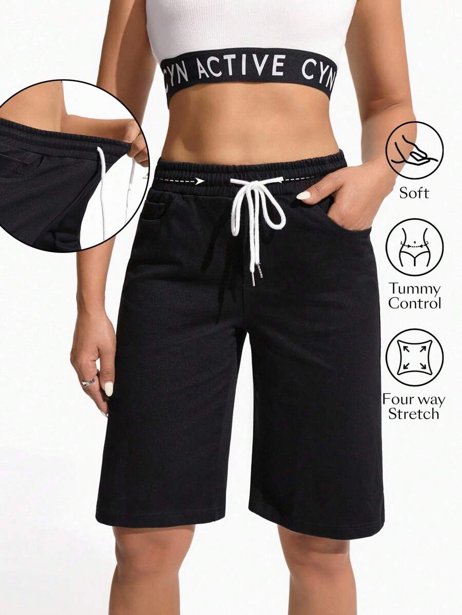 TrendSteals 女式抽绳腰休闲宽松牛仔短裤 - 黑色 - 查看 1