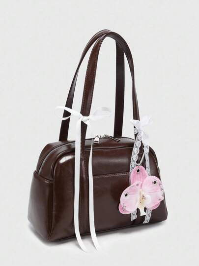 Kawaii Bolso de hombro Boston de bolsillo múltiple con estampado de cuadros vintage, lazo y decoración de corazón de cereza para mujer