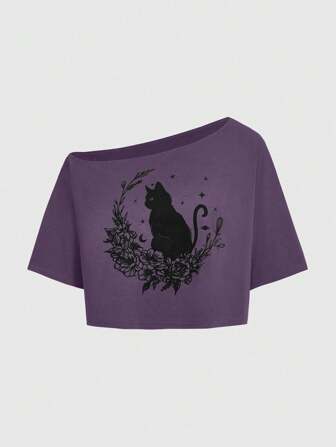 Fairycore تي شيرت نسائي كاجوال فضفاض مطبوع بصور القطط مقاسات كبيرة، ياقة غير متماثلة وأكمام قصيرة للصيف