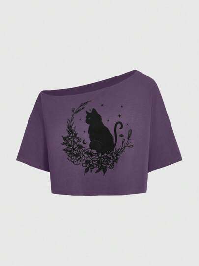 Fairycore تي شيرت نسائي كاجوال فضفاض مطبوع بصور القطط مقاسات كبيرة، ياقة غير متماثلة وأكمام قصيرة للصيف