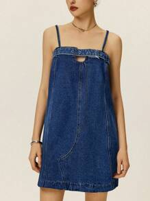Poéselle 女士休闲宽松夏季时尚日常吊带牛仔连衣裙 - 中等水洗藍 - 查看 6