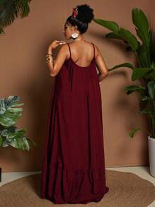 Maweii Plus Size Women Casual Vacation Daily Solid Color Versatile Summer Spaghetti Strap Off Shoulder Pleated Patchwork Loose Flowy Maxi Dress