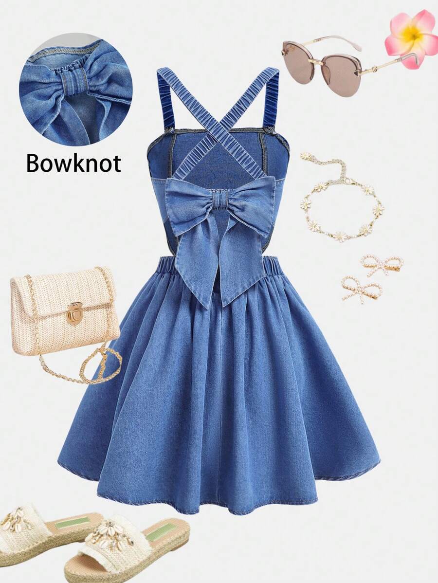 Girlism 少女清凉交叉后背纯色无袖露背蝴蝶结系带牛仔连衣裙，春夏季，女孩夏季海滩波西米亚风狂欢音乐会服装，夏季连衣裙音乐会狂欢节宽松短裤街头派对服装，7 月 4 日服装，毕业派对礼服 - 中等水洗藍 - 查看 1